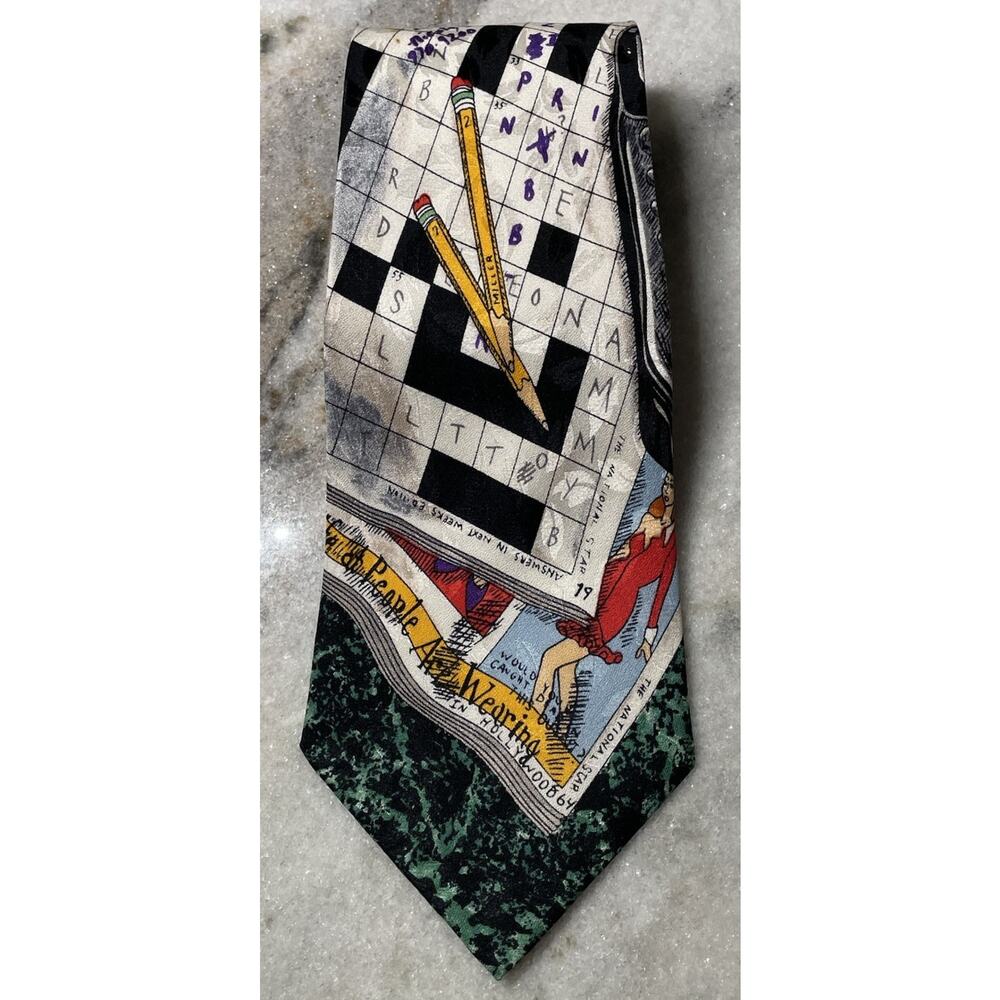 Vintage Nicole Miller Novelty Necktie Tie 100% Silk Crossword Puzzle 1992